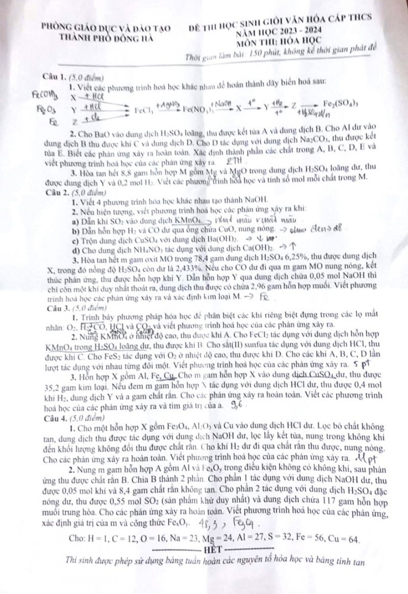 Đề thi chọn HSG môn Hóa Học cấp THCS thành phố Đông Hà, tỉnh Quảng Trị năm 2023