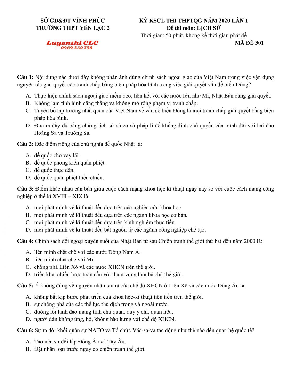 Đề thi khảo s&aacute;t chất lượng THPT Quốc Gia m&ocirc;n Lịch Sử tỉnh Vĩnh Ph&uacute;c năm 2020