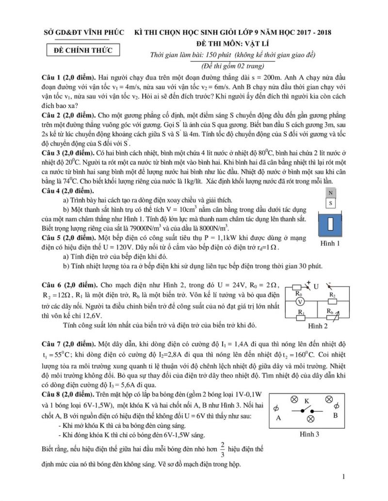 Đề thi chọn HSG và đáp án môn Vật Lí lớp 9 tỉnh Vĩnh Phúc năm 2018
