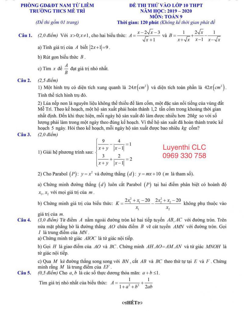 Đề thi thử v&agrave;o lớp 10 THPT v&agrave; đ&aacute;p &aacute;n m&ocirc;n To&aacute;n 9 trường THCS Mễ Tr&igrave; năm 2019
