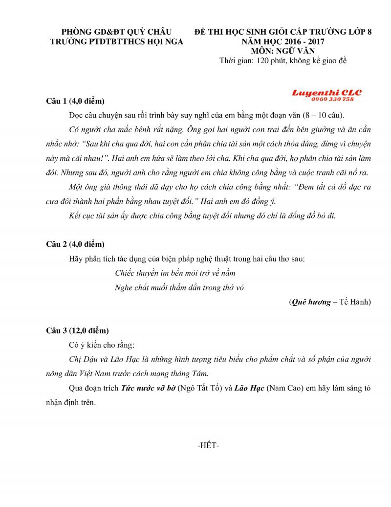 Đề thi chọn HSG m&ocirc;n Ngữ Văn lớp 8 Trường PTDTTBTTCS Hội Nga, huyện Q&ugrave;y Ch&acirc;u tỉnh Nghệ AN năm 2016