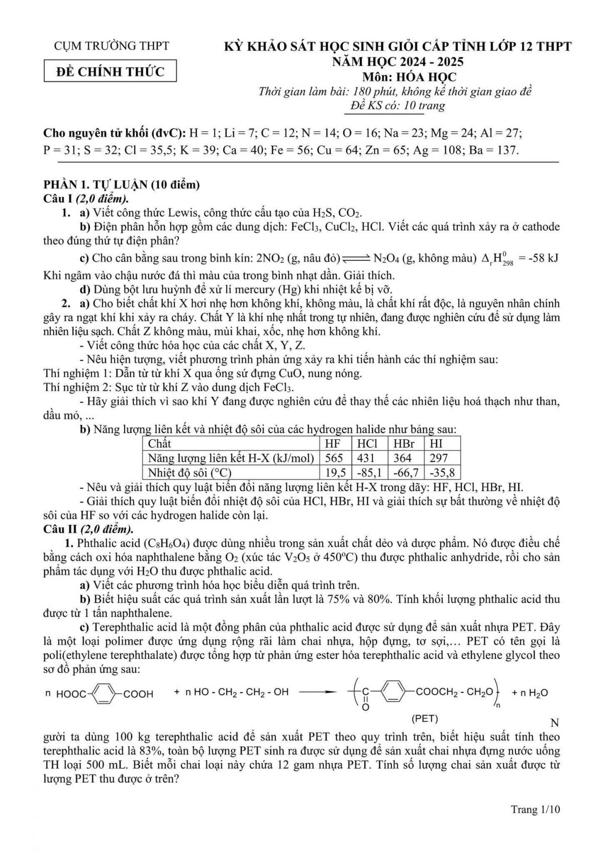 Đề khảo s&aacute;t HSG cấp tỉnh lớp 12 m&ocirc;n Ho&aacute; năm 2024-2025