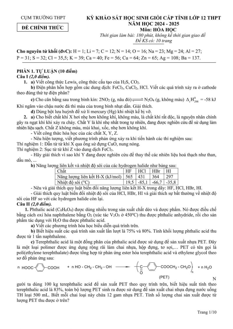 Đề khảo sát HSG cấp tỉnh lớp 12 môn Hoá năm 2024-2025