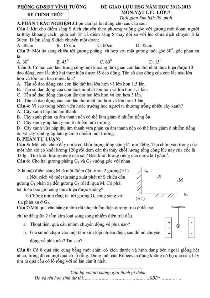 Đề giao lưu HSG và đáp án môn Vật Lý lớp 7 huyện Vĩnh Tường, tỉnh Vĩnh Phúc năm 2013