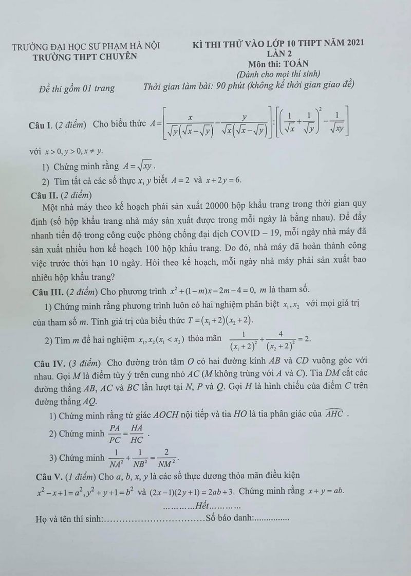 Đề thi thử tuyển sinh v&agrave;o lớp 10 THPT m&ocirc;n To&aacute;n Trường THPT CHUY&Ecirc;N Sư phạm H&agrave; Nội năm 2021