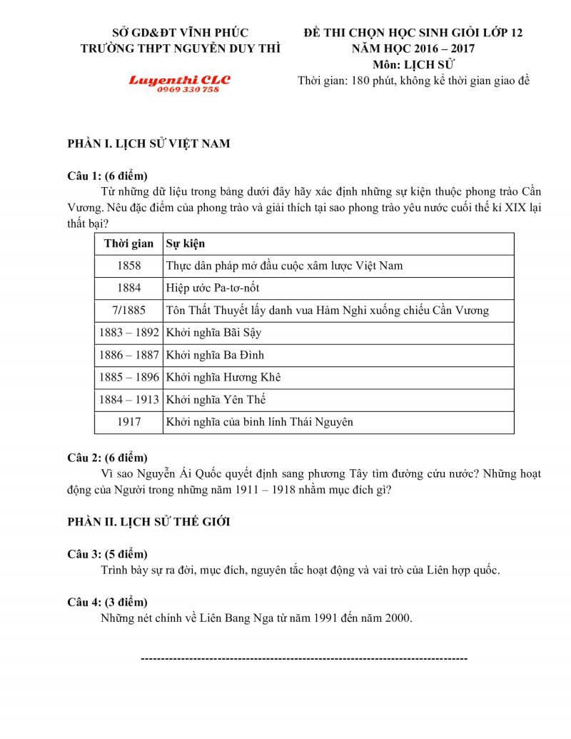 Đề thi chọn HSG môn Lịch Sử lớp 12 Trường THPT Nguyễn Duy Thì tỉnh Vĩnh Phúc năm 2016