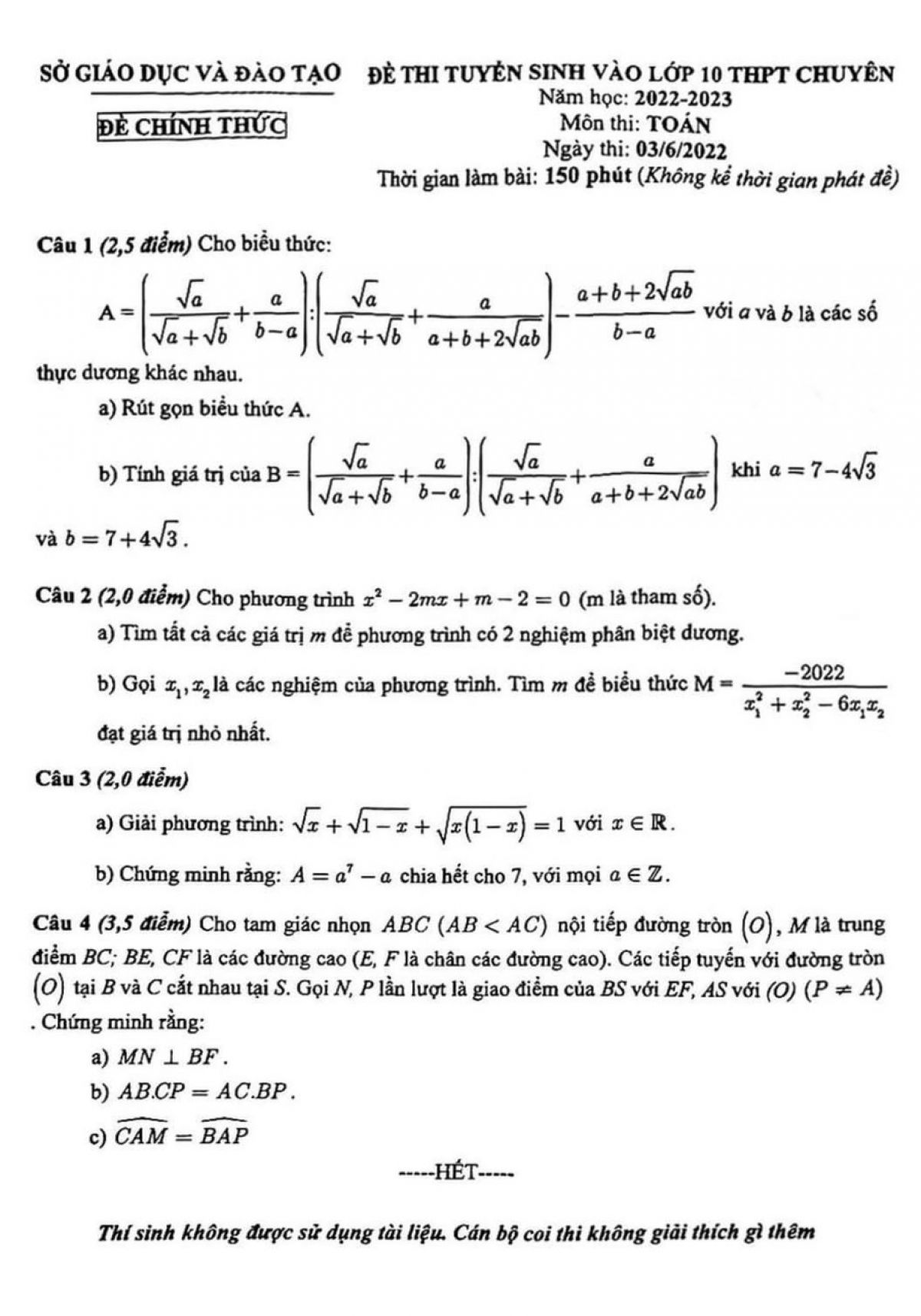 Đề thi tuyển sinh vào lớp 10 THPT CHUYÊN môn Toán năm 2022