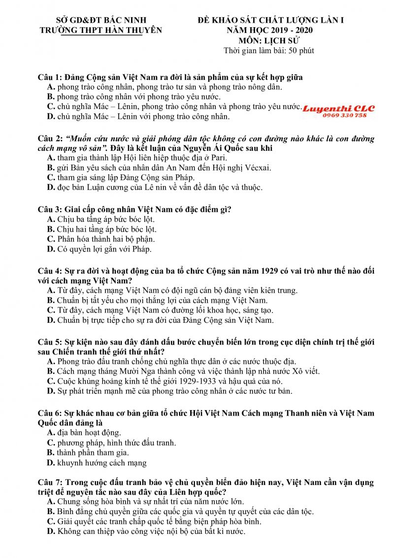 Đề khảo sát chất lượng lần 1 môn Lịch Sử Trường THPT Hàn Thuyên tỉnh Bắc Ninh năm 2019