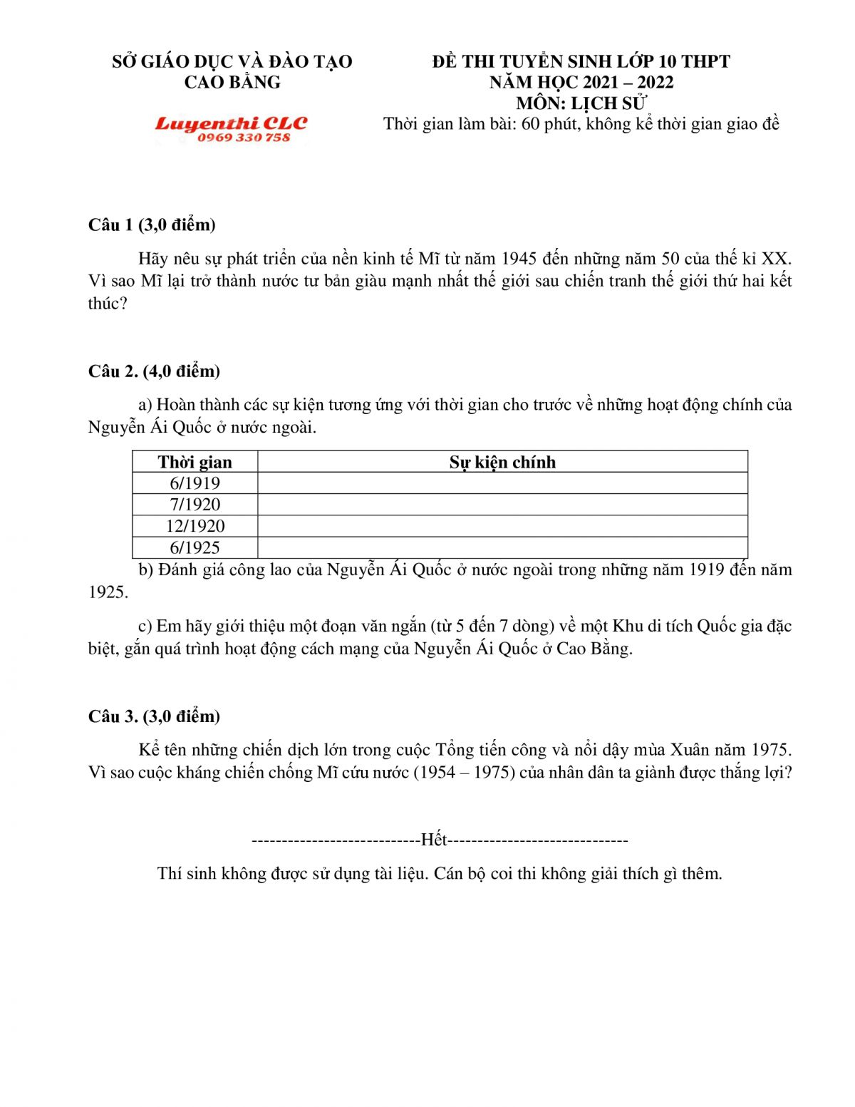 Đề thi tuyển sinh v&agrave;o lớp 10 THPT m&ocirc;n Lịch Sử tỉnh Cao Bằng năm 2021