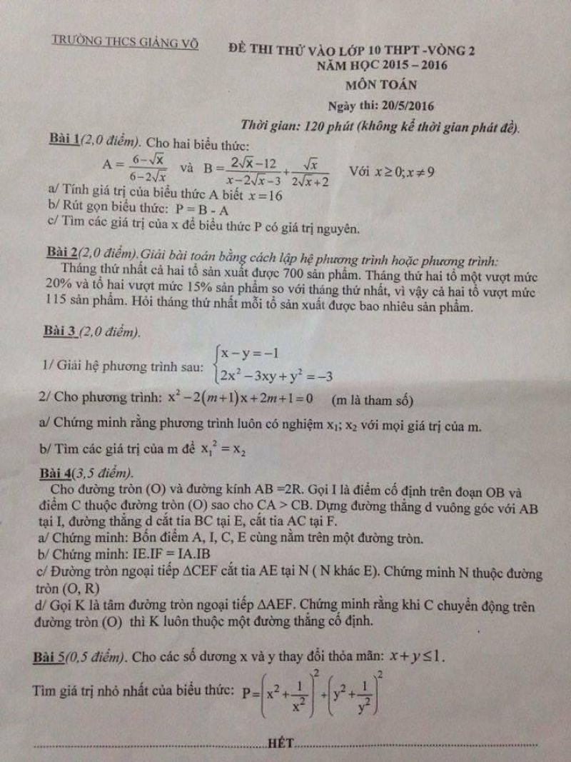 Đề thi thử vào lớp 10 THPT môn Toán vòng 2 Trường THCS Giảng Võ, Hà Nội năm 2016