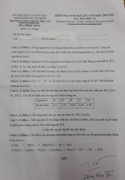 Đề kiểm tra cuối học kì I môn Hóa Học lớp 10 Trường THPT Giồng Ông Tố, Thành phố Hồ Chí Minh năm 2021