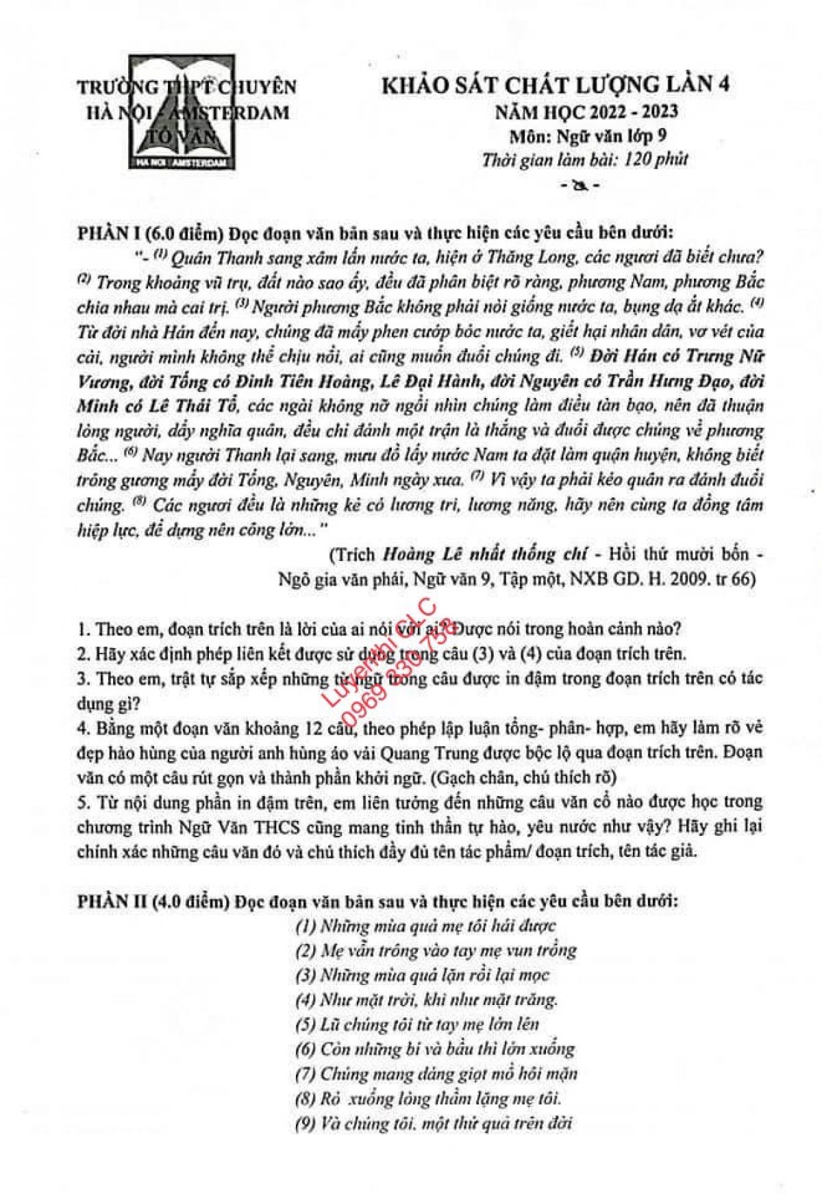 Đề khảo sát chất lượng lần 4 môn Ngữ Văn lớp 9 Trường THPT Chuyên Hà Nội - Amsterdam năm 2023