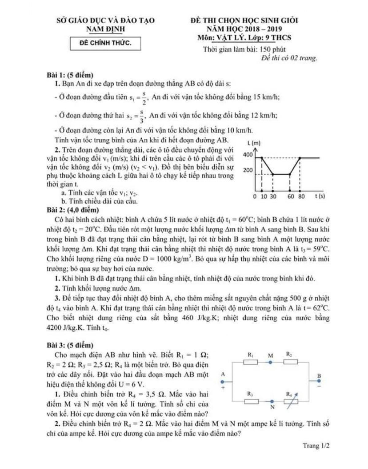 Đề thi chọn HSG và đáp án môn Vật Lí lớp 9 THCS tỉnh Nam Định năm 2019