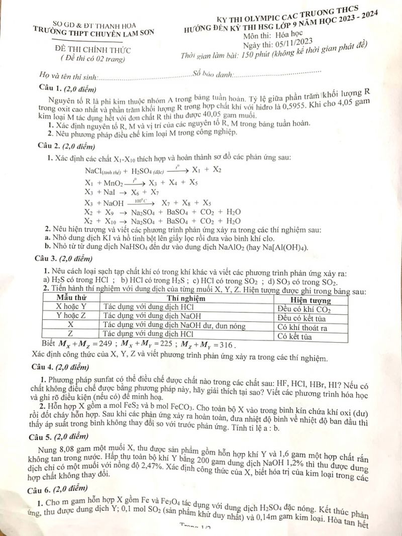 Đề thi Olympia môn Hóa Học lớp 9 tỉnh Thanh Hóa năm 2023