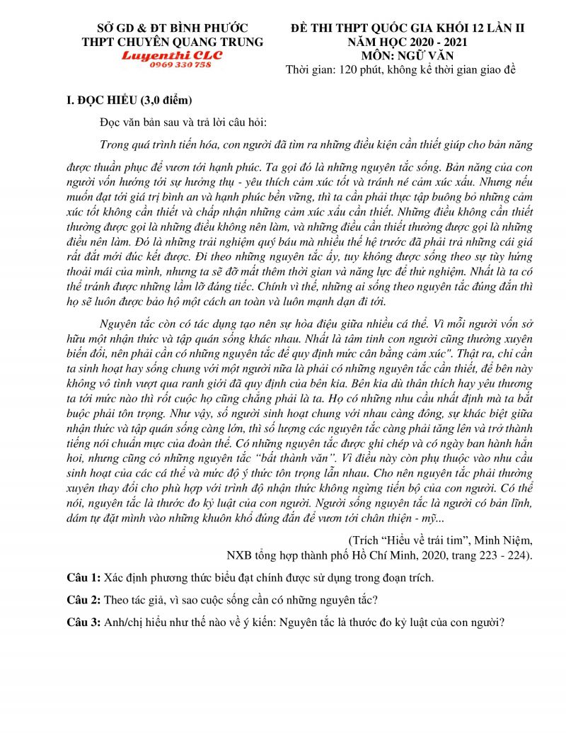 Đề thi THPT Quốc Gia môn Ngữ Văn khối 12 lần II Trường THPT CHUYÊN Quang Trung, tỉnh Bình Phước năm 2020