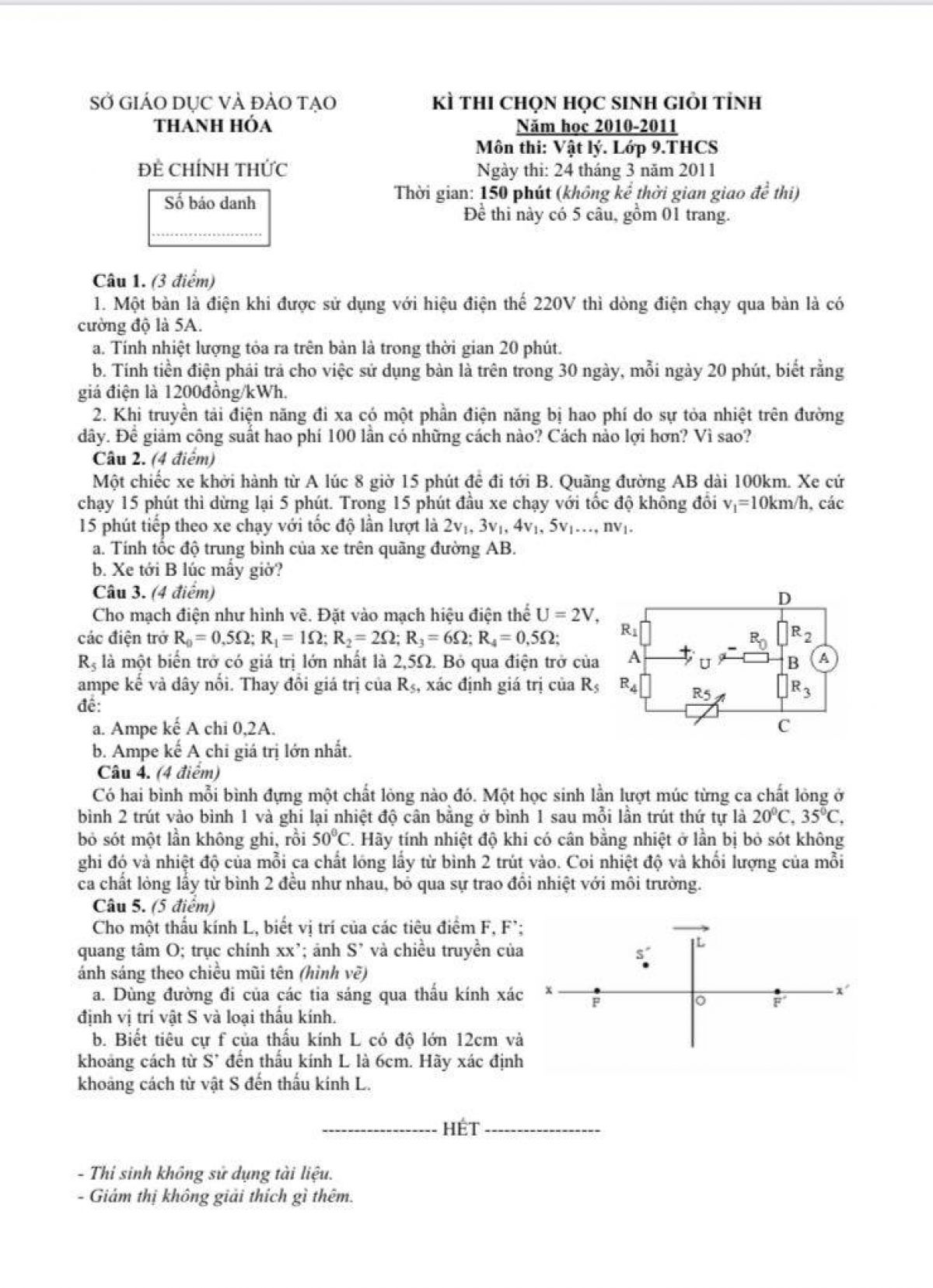 Đề thi chọn HSG tỉnh v&agrave; đ&aacute;p &aacute;n m&ocirc;n Vật L&yacute; tỉnh Thanh H&oacute;a năm 2011