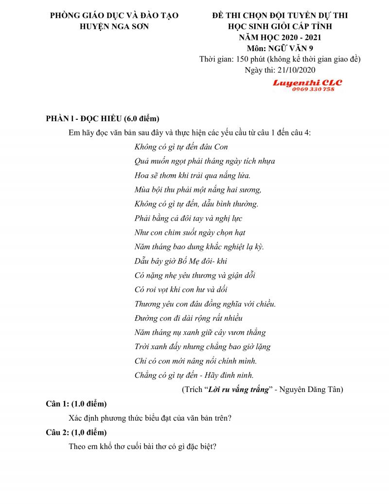 Đề thi chọn đội tuyển dự thi HSG cấp tỉnh m&ocirc;n Ngữ Văn lớp 9 huyện Nga Sơn, tỉnh Thanh H&oacute;a năm 2020
