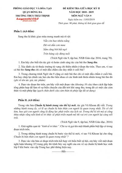 Đề kiểm tra giữa học kì II môn Ngữ Văn lớp 9 Trường THCS Thái Thịnh, quận Đống Đa năm 2018