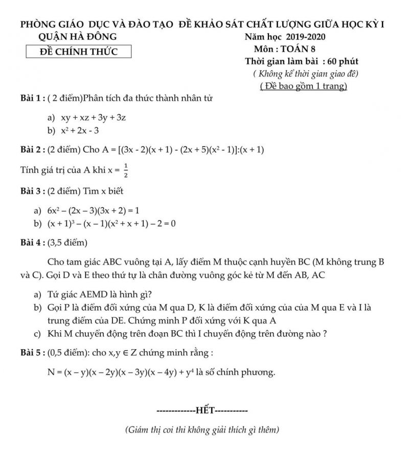 Đề khảo sát chất lượng giữa học kì I môn Toán lớp 8 quận Hà Đông năm 2019