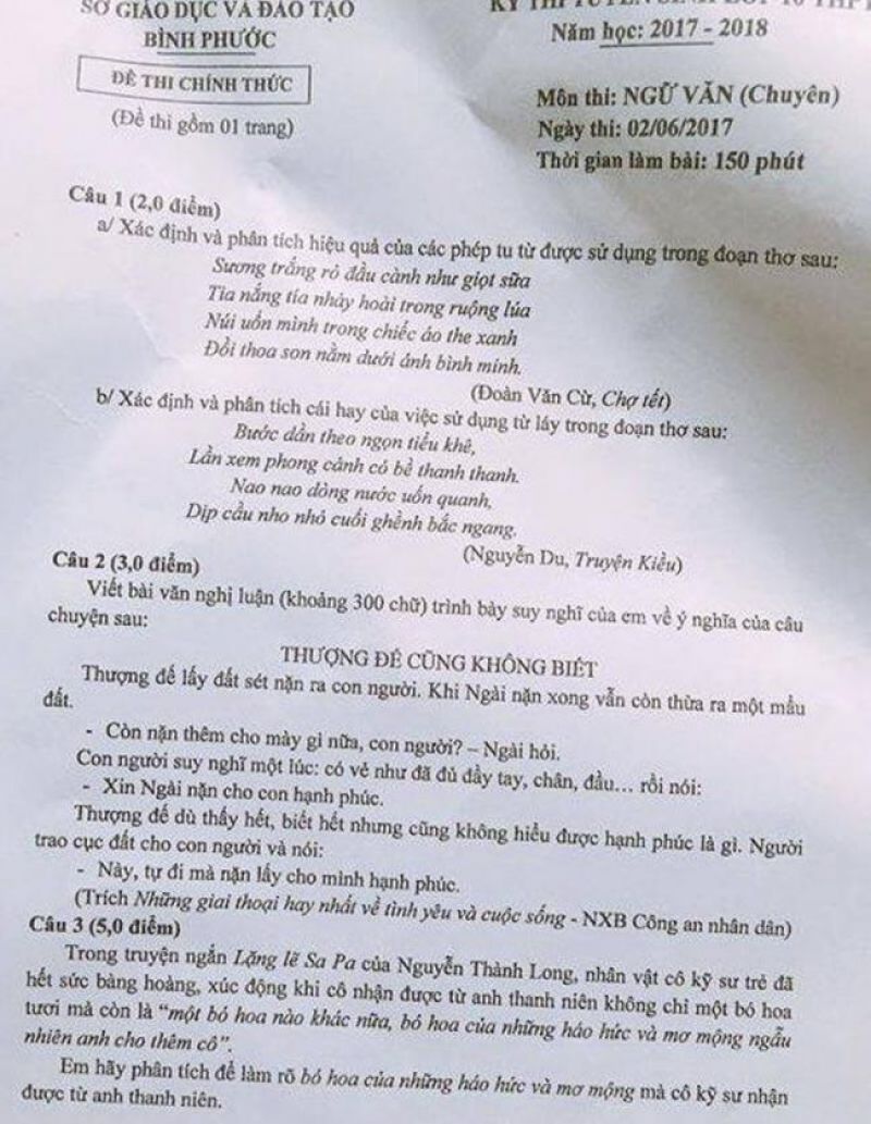 Đề thi tuyển sinh vào lớp 10 THPT CHUYÊN môn Ngữ Văn tỉnh Bình Phước năm 2017