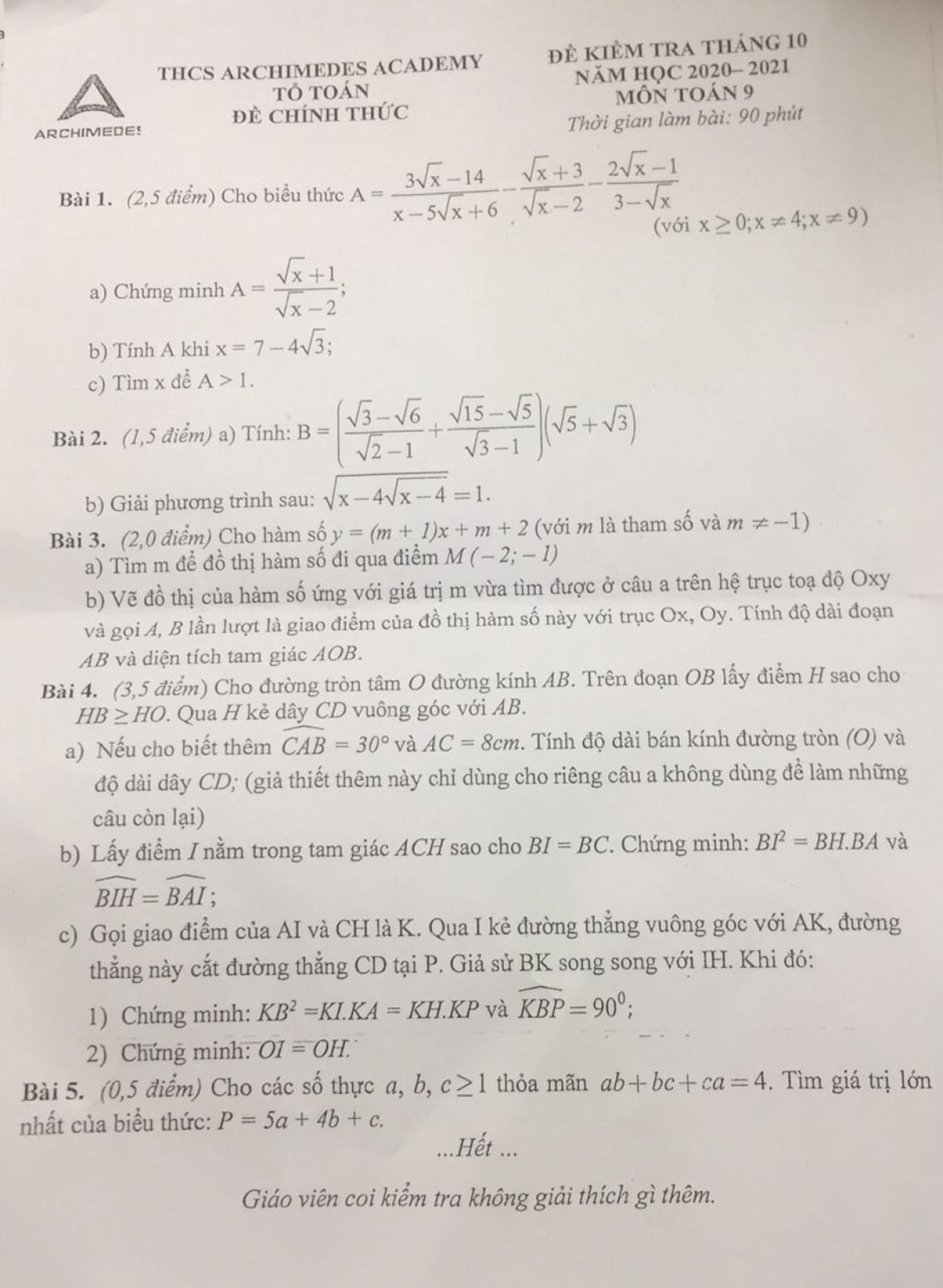 Đề kiểm tra tháng 10 môn Toán lớp 9 Trường THCS ARCHIMEDES ACADEMY năm 2020
