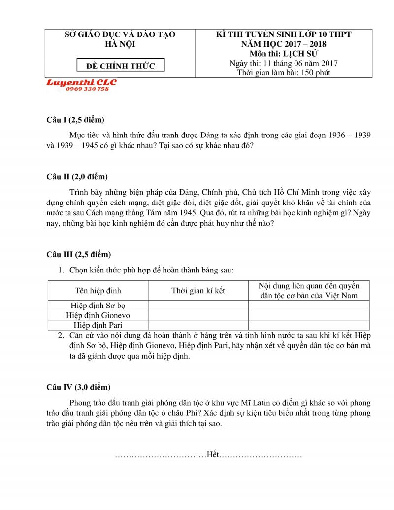 Đề thi tuyển sinh vào lớp 10 THPT môn Lịch Sử tại Hà Nội năm 2017