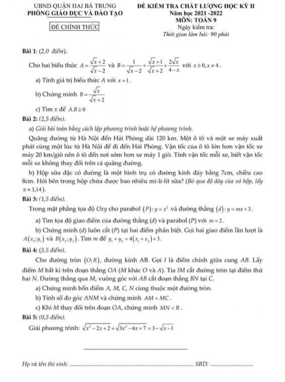 Đề kiểm tra chất lượng học kỳ II và đáp án môn Toán lớp 9 quận Hai Bà Trưng, Hà Nội năm 2022