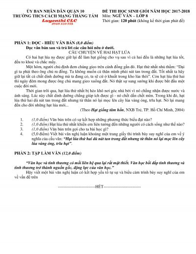 Đề thi HSG và đáp án môn Ngữ Văn lớp 8 Trường THCS Cách Mạng Tháng 8, Quận 10, TP. Hồ Chí Minh năm 2017