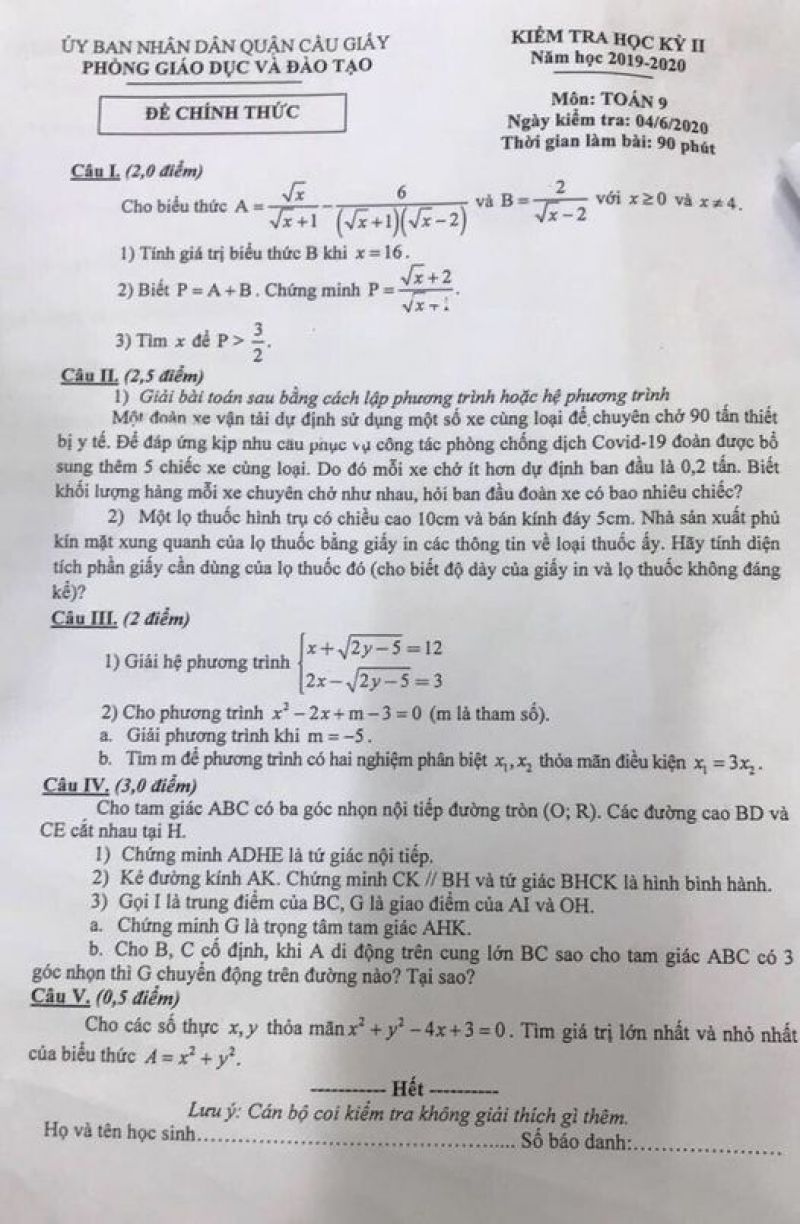 Đề kiểm tra chất lượng học kì II môn Toán 9 Quận Cầu Giấy, ngày 04/06/2020