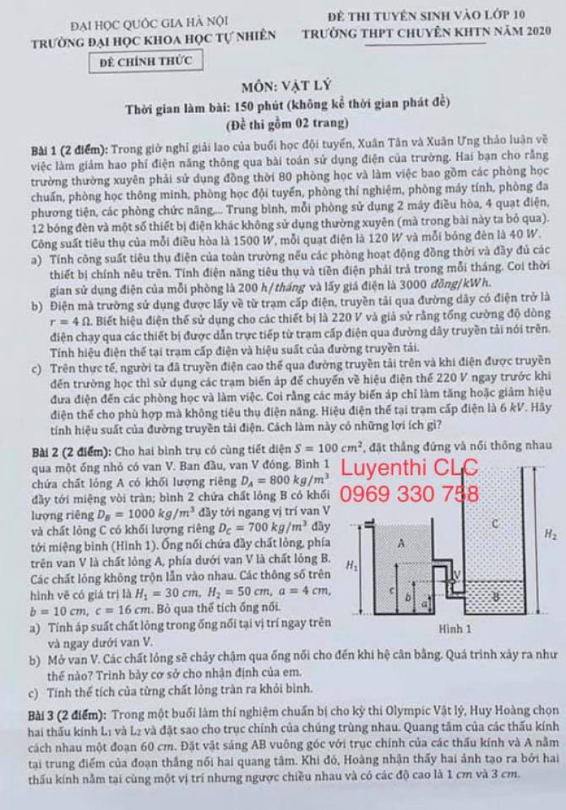 Đề thi môn Lý - tuyển sinh vào lớp 10 THPT chuyên ĐHKHTN Hà Nội năm 2020