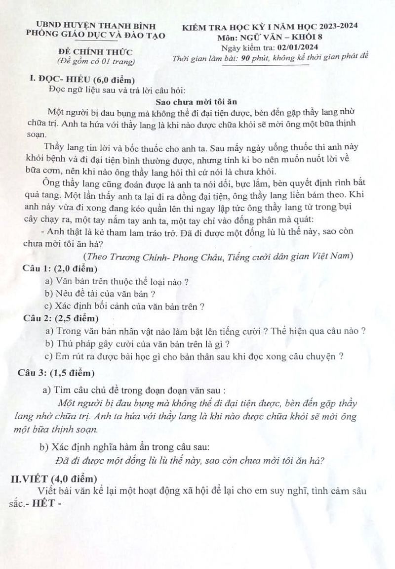 Đề kiểm tra học kì I môn Ngữ Văn lớp 8 huyện Thanh Bình, tỉnh Đồng Tháp năm 2024