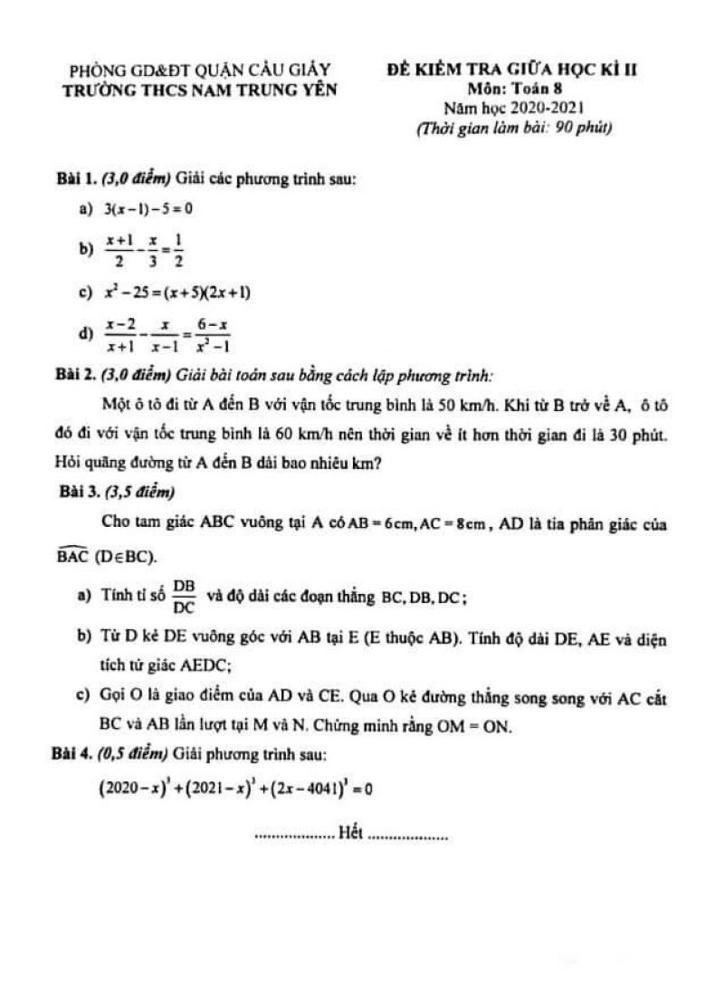Đề kiểm tra giữa học k&igrave; II m&ocirc;n To&aacute;n lớp 8 Trường THCS Nam Trung Y&ecirc;n, quận Cầu Giấy, H&agrave; Nội năm 2020