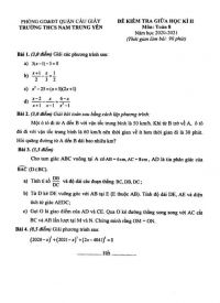 Đề kiểm tra giữa học kì II môn Toán lớp 8 Trường THCS Nam Trung Yên, quận Cầu Giấy, Hà Nội năm 2020