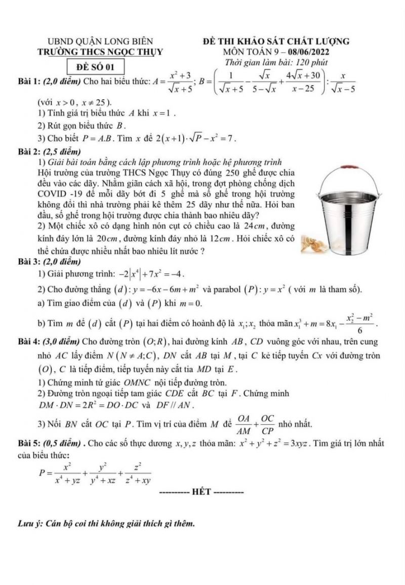 Đề thi khảo sát chất lượng môn Toán lớp 9 Trường THCS Ngọc Thụy, quận Long Biên, Hà Nội năm 2022