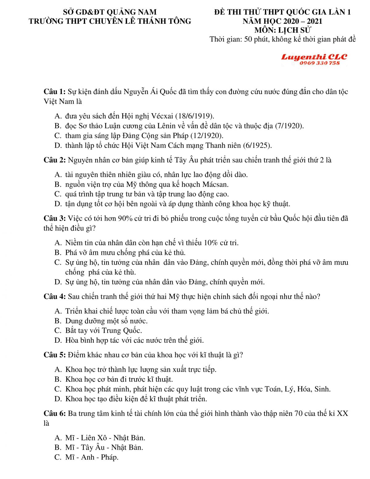 Đề thi thử THPT Quốc Gia - lần 1 môn Lịch Sử Trường THPT CHUYÊN CHUYÊN Lê Thánh Tông, tỉnh Quảng Nam năm 2020