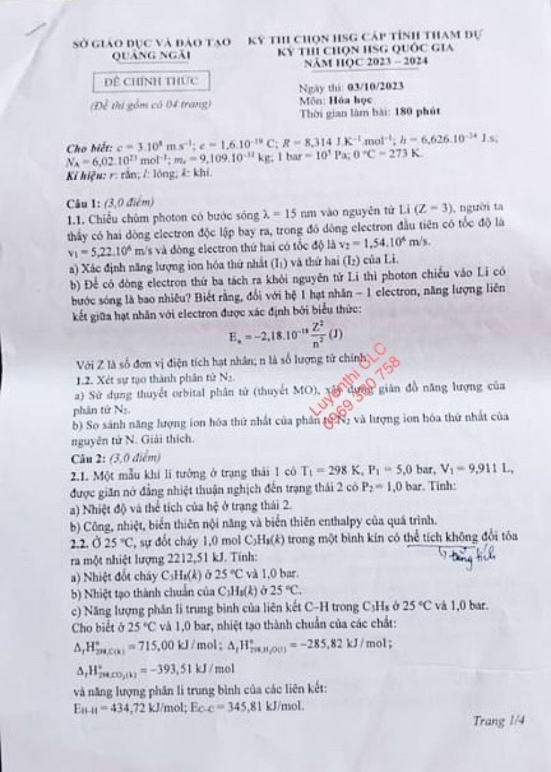 Đề thi chọn đội tuyển dự thi chọn HSG Quốc Gia môn Hóa Học tỉnh Quảng Ngãi năm 2023