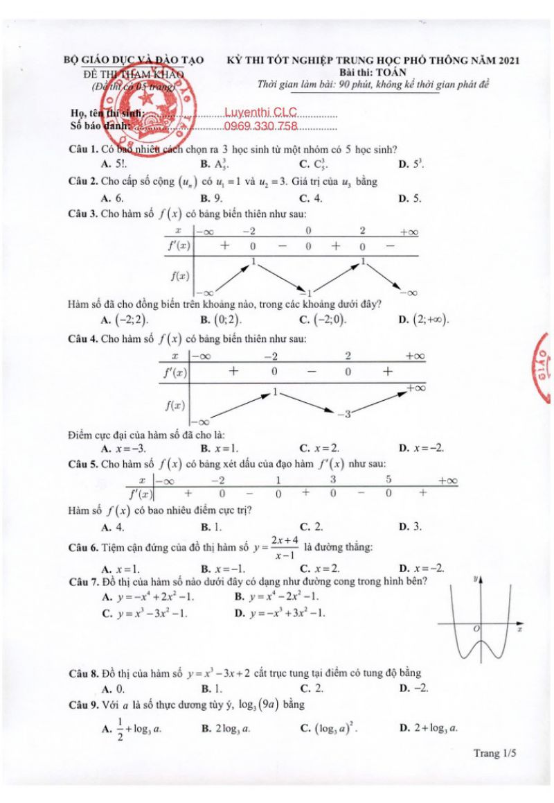 Đề thi tốt nghiệp trung học phổ thông  môn Toán năm 2021 (Đề tham khảo)