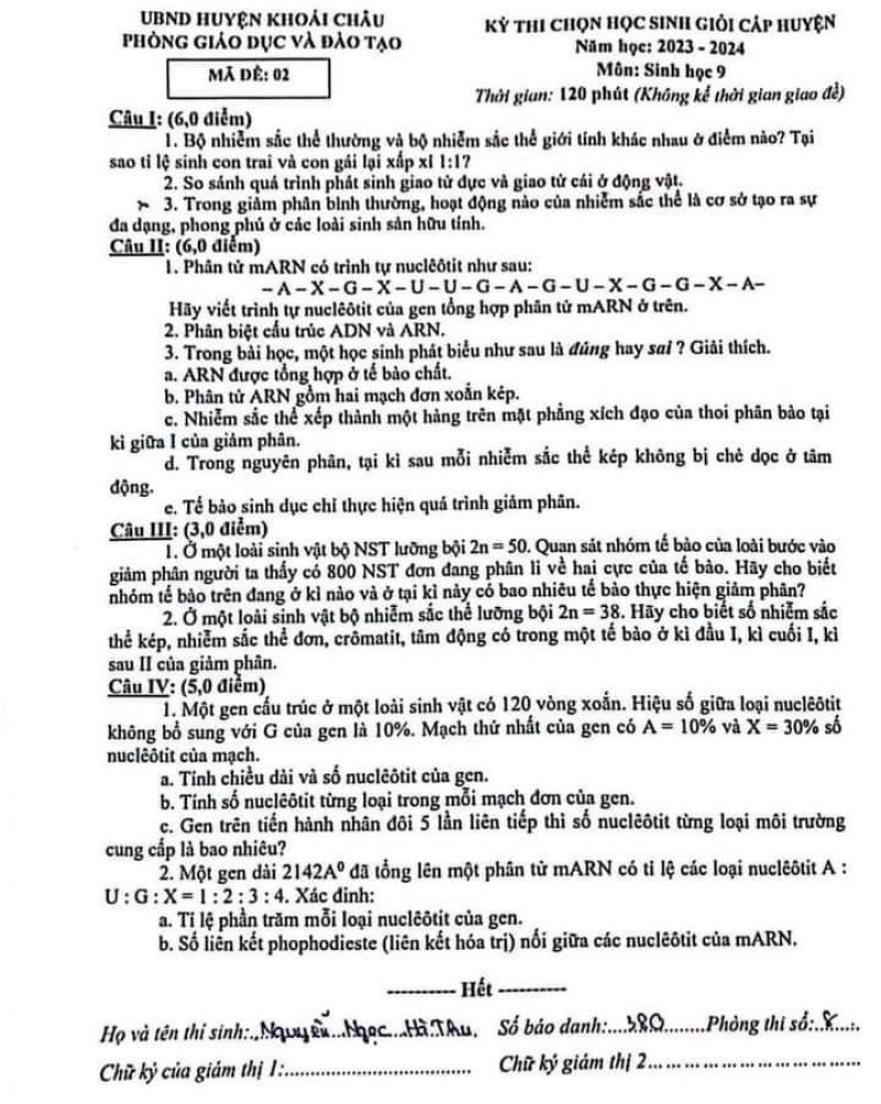 Đề thi chọn HSG môn Sinh học lớp 9 huyện Khoái Châu tỉnh Hưng Yên năm 2023