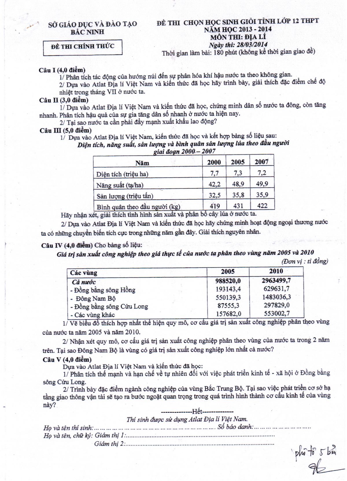 Đề thi chọn HSG lớp 12 THPT m&ocirc;n Địa l&iacute; tỉnh Bắc Ninh v&agrave; đ&aacute;p &aacute;n năm 2014