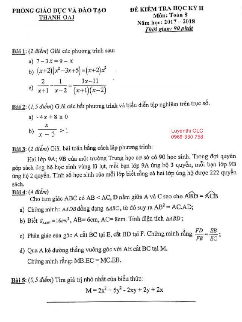 Đề kiểm tra học k&igrave; II m&ocirc;n To&aacute;n lớp 8 quận Thanh Oai, H&agrave; Nội năm 2017