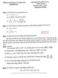 Đề kiểm tra học kì II môn Toán lớp 8 quận Thanh Oai, Hà Nội năm 2017