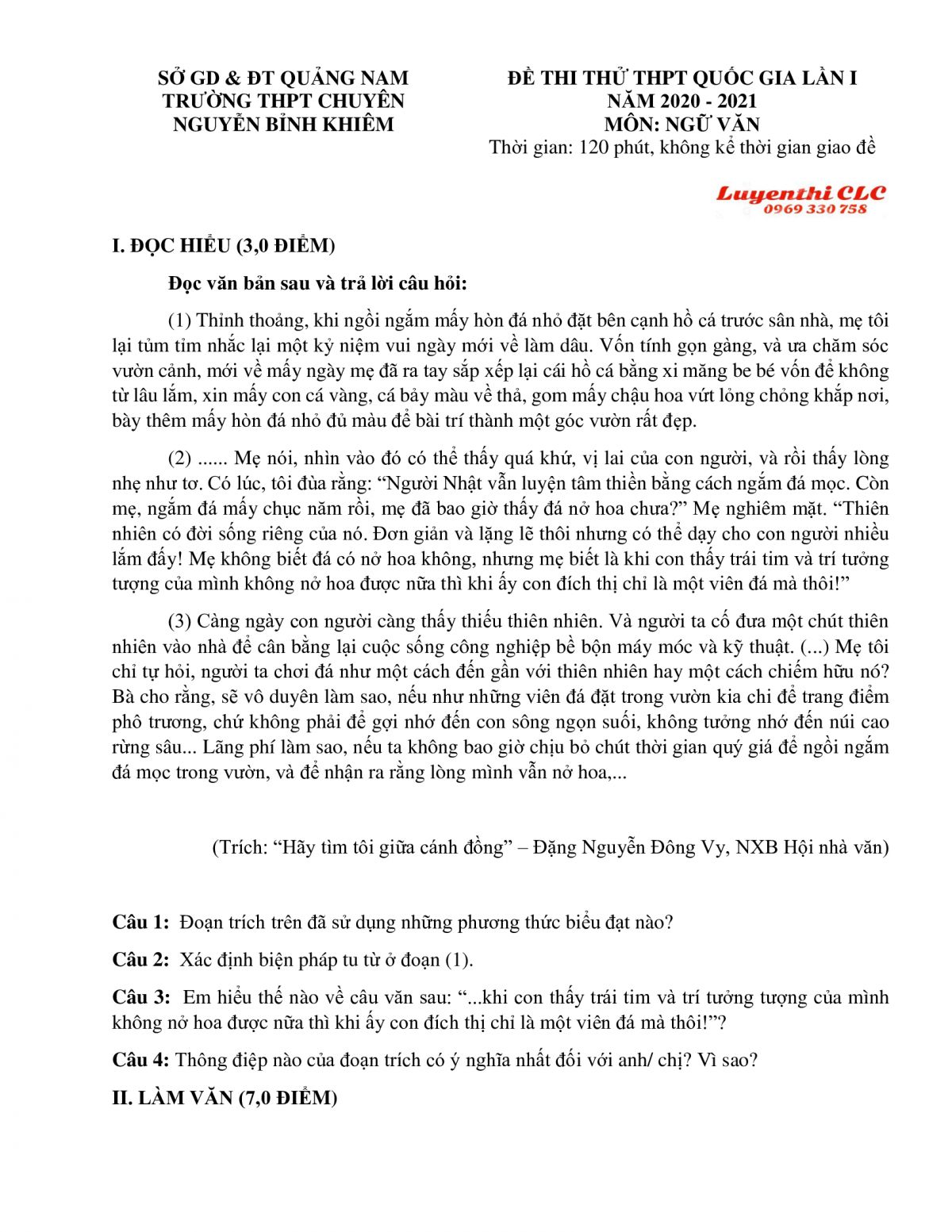 Đề thi thử THPT Quốc Gia m&ocirc;n Ngữ Văn - lần 1 Trường THPTP Chuy&ecirc;n Nguyễn Bỉnh Khi&ecirc;m, tỉnh Quảng Nam năm 2021