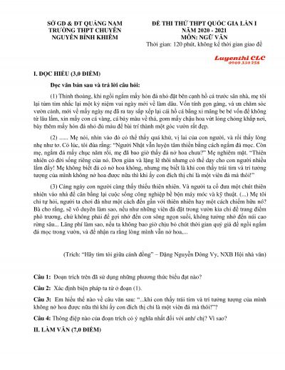 Đề thi thử THPT Quốc Gia môn Ngữ Văn - lần 1 Trường THPTP Chuyên Nguyễn Bỉnh Khiêm, tỉnh Quảng Nam năm 2021
