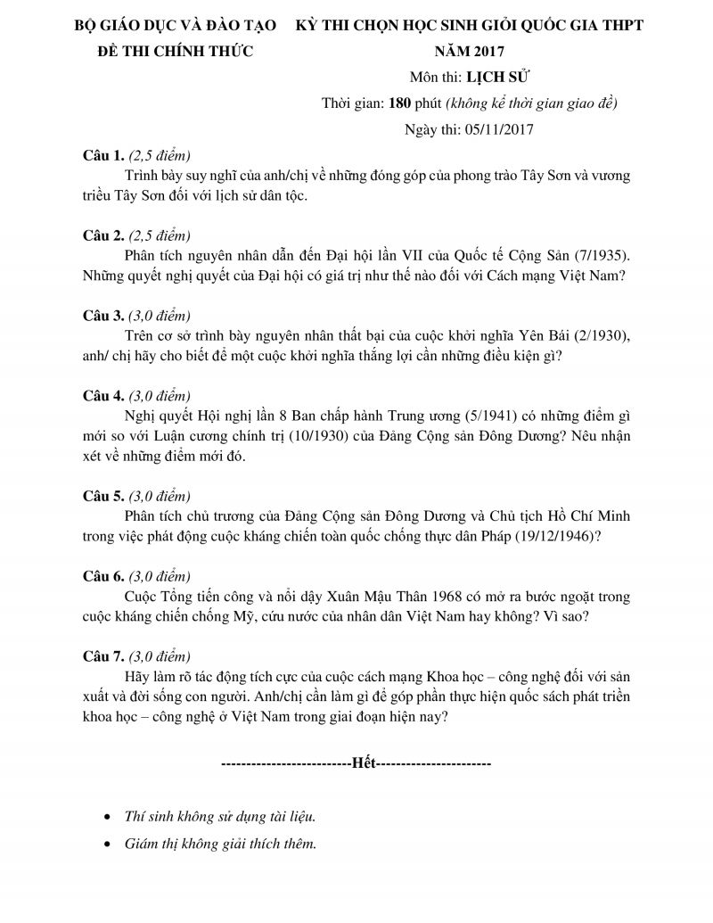 Đề thi chọn HSG THPT Quốc Gia môn Lịch Sử năm 2017