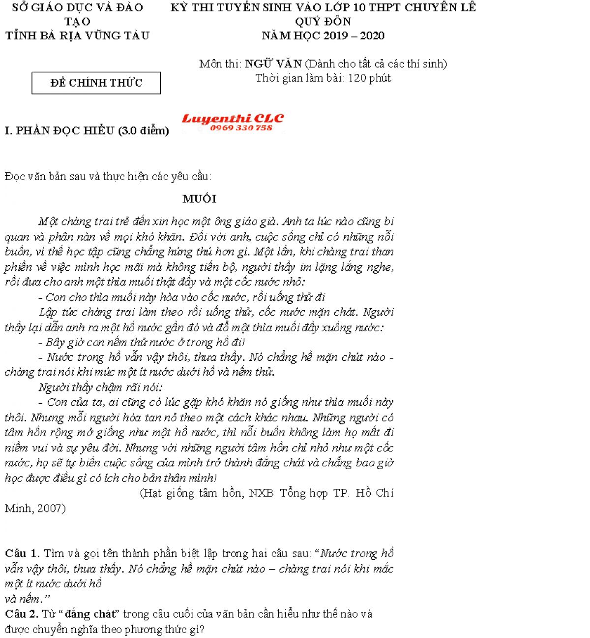 Đề thi tuyển sinh v&agrave;o lớp 10 m&ocirc;n Ngữ Văn THPT CHUY&Ecirc;N L&ecirc; Q&uacute;y Đ&ocirc;n năm 2019