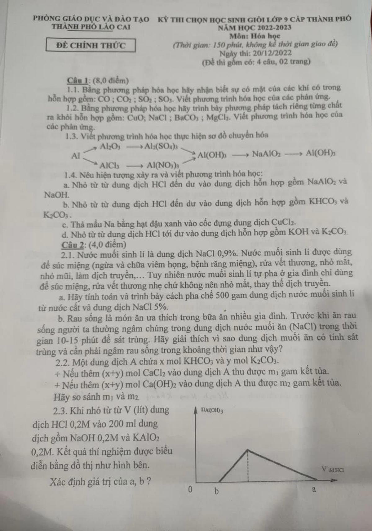Đề thi chọn HSG m&ocirc;n H&oacute;a học lớp 9 th&agrave;nh phố L&agrave;o Cai năm 2022