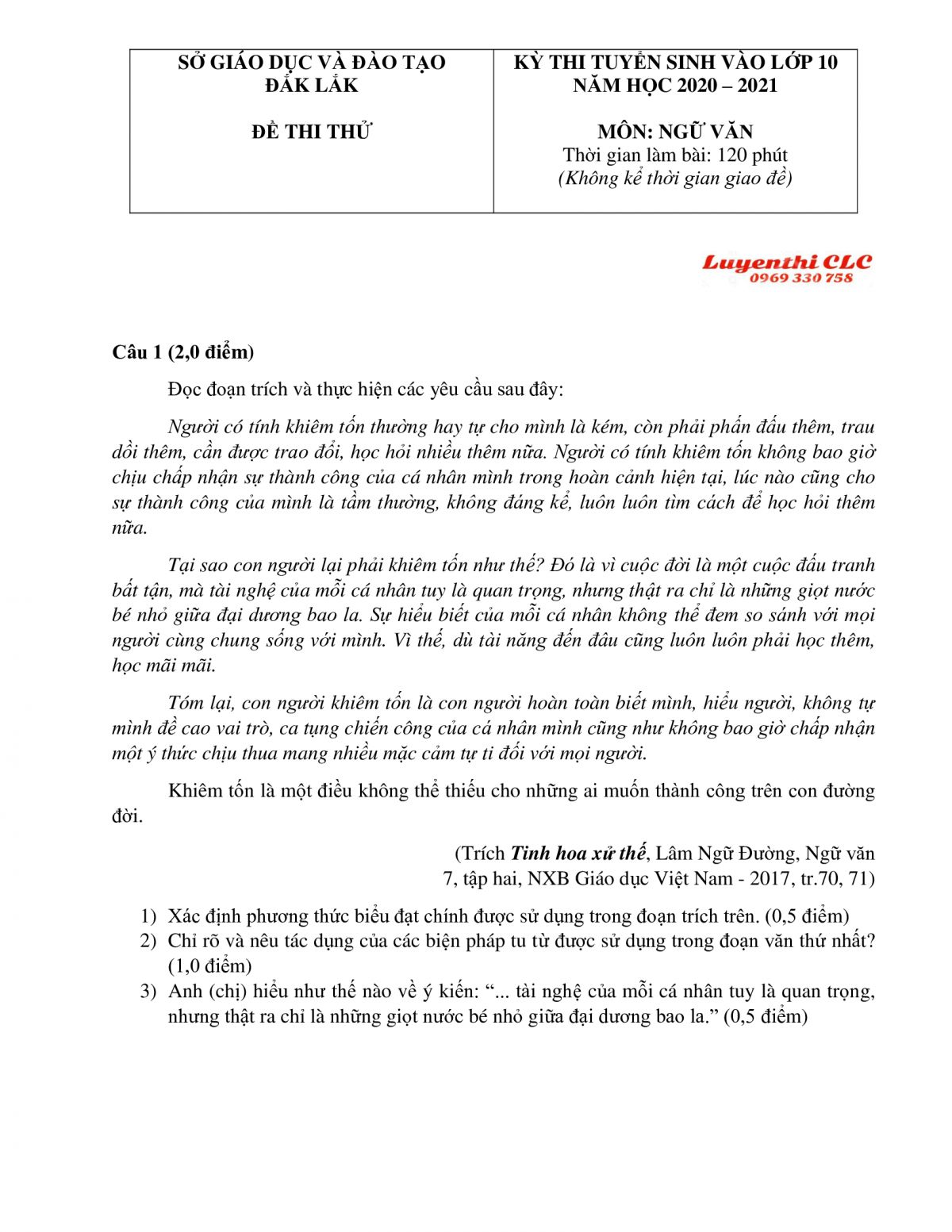 Đề thi thử tuyển sinh v&agrave;o lớp 10 THPT m&ocirc;n Ngữ Văn tỉnh Đắk Lắk năm 2020