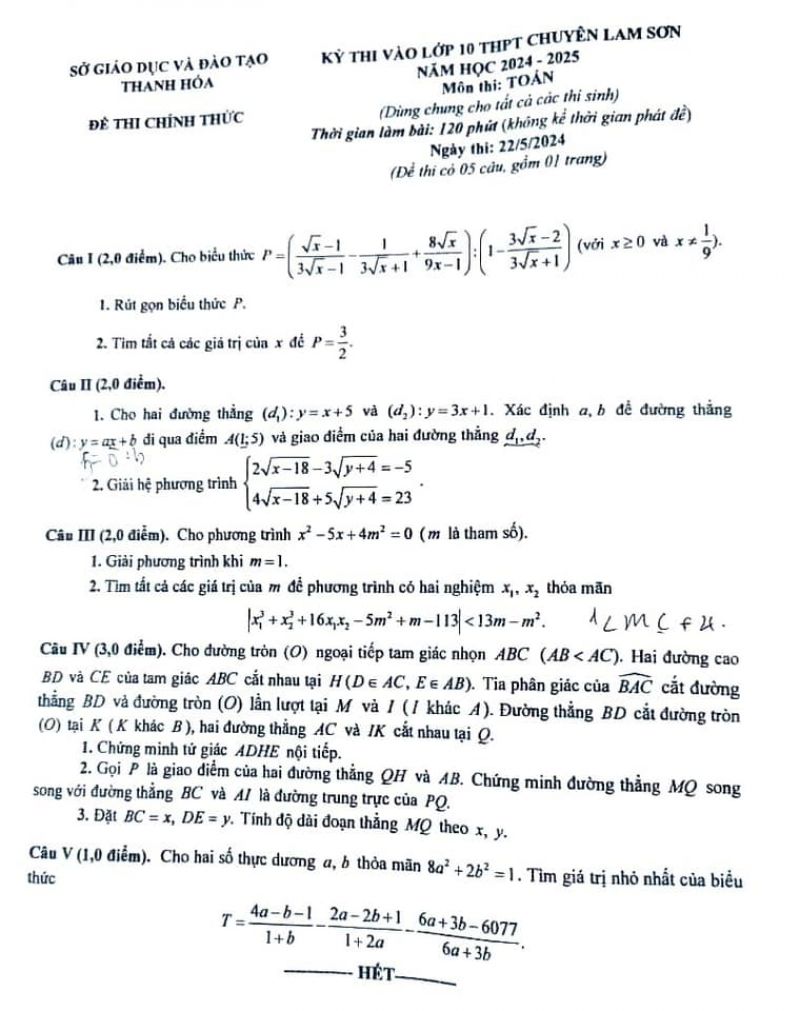 Đề thi vào lớp 10 THPT chuyên Lam Sơn môn Toán năm 2024-2025