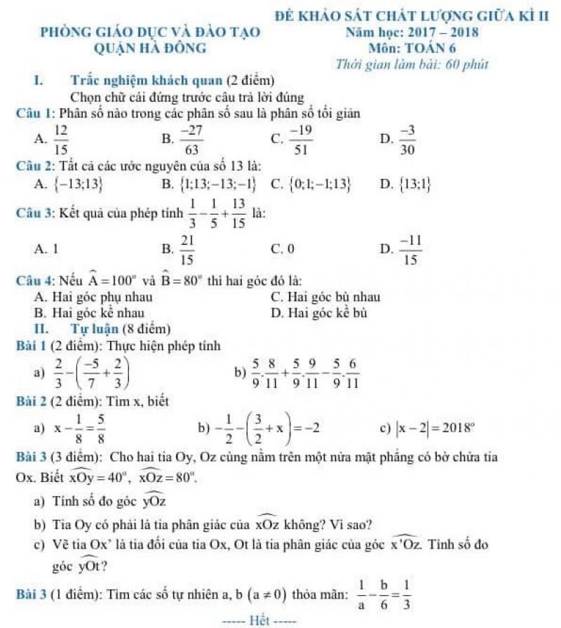 Đề khảo sát chất lượng giữa học kì II môn Toán lớp 6 quận Hà Đông năm 2017