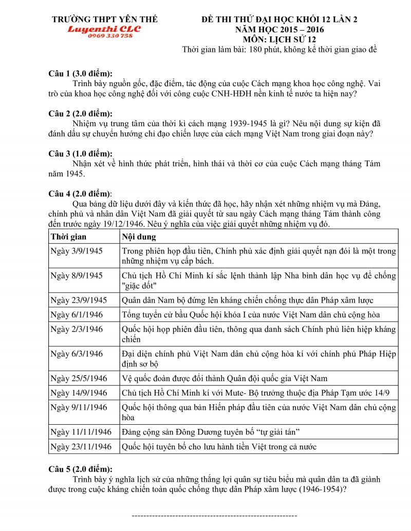 Đề thi THPT Quốc Gia m&ocirc;n Lịch Sử Trường THPT Y&ecirc;n Thế tỉnh Bắc Giang năm 2016